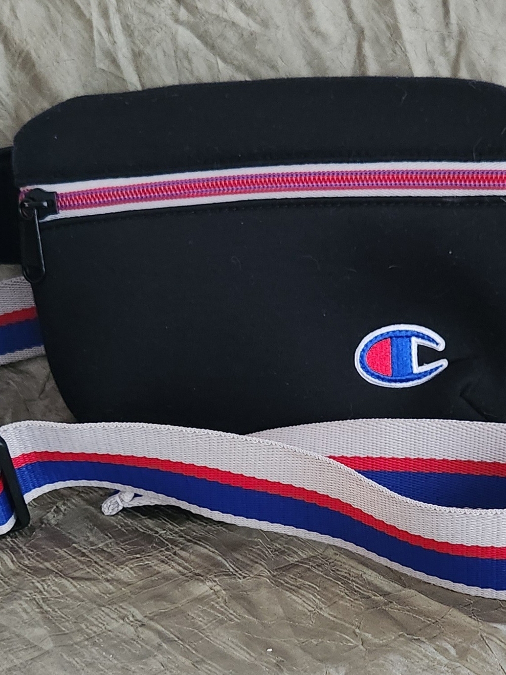 Champion Black Belt Bag with Red, Blue & White Striped Strap